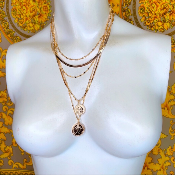 louis xiv jewelry Jewelry - Gold plated layered royal coin chain pendants necklace 5 layer
